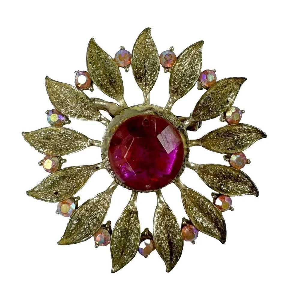 Vintage Pink Rhinestone Sunburst Brooch Gold Tone Floral Statement Pin
